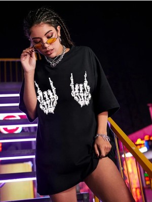 Mrayss  Baskılı Oversize T-Shirt - Siyah