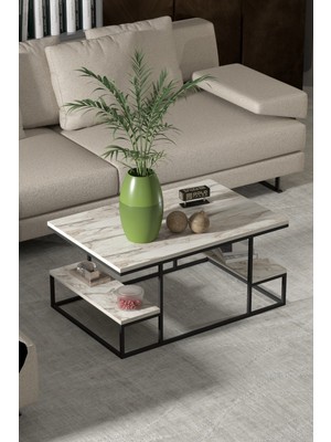 Reyo Falez Deluxe Raflı Orta Sehpa 60X90 cm Modern Dikdörtgen Orta Sehpa Mermer Desen