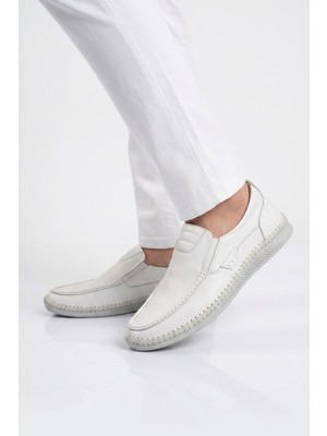 Voyager Erkek Beyaz Hakiki Deri Hafızalı Rahat Taban Şık Smart Casual Ayakkabı Loafer M741 M