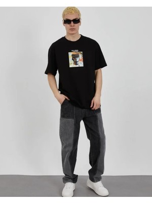 Mrayss  Unisex Bisiklet Yaka Baskılı Oversize T-Shirt - Siyah