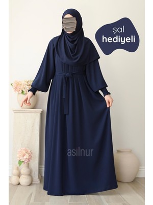 Asilnur Mahi Elbise Şal Hediyeli Takım Lacivert