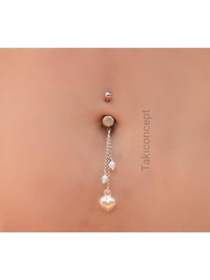 Astraltech Kristal ve Inci Kalp Sallantılı Taşlı Göbek Piercing Çelik Göbek Piercing, Gümüş