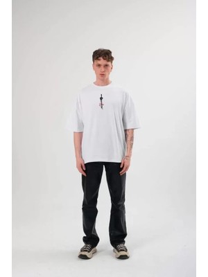 Mrayss  Unisex Bisiklet Yaka Baskılı Oversize T-Shirt - Beyaz