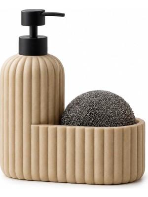 Astraltech Polyresin Sıvı Sabunluk, Modern Çizgili, Krem Renk, Mat Doku, Sıvı Sabun, Pompalı, Kozmetik Şişesi,