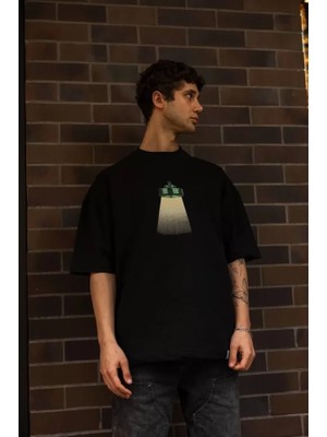 Mrayss  Unisex Bisiklet Yaka Baskılı Oversize T-Shirt - Siyah