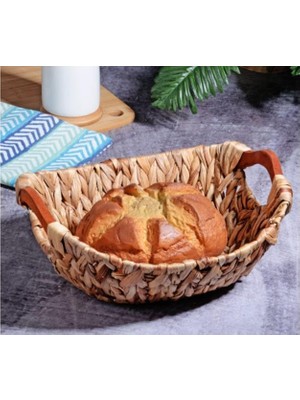 Astraltech Kosova Wicker Bezli Oval Ahşap Kulplu Hasır Ekmek Sepeti