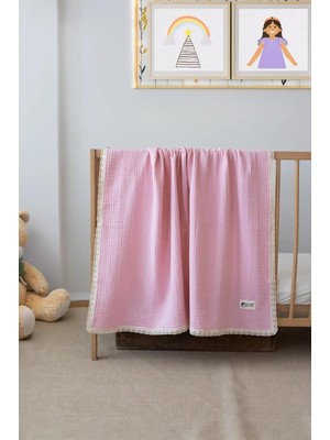 Astraltech Sallhomee Pamuklu 4 Katlı Müslin Dantelli Bebek Battaniyesi, Pembe, Antibakteriyel, Düz Desen