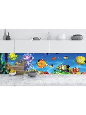 Astraltech Mutfak Tezgah Arası Folyo Fayans Kaplama Folyosu Denizaltı Balıklar 60 x 200