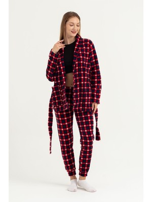 Obje Kadın Lacivert Kırmızı Ekose Desen Bant Paça Polar Pijama Altı