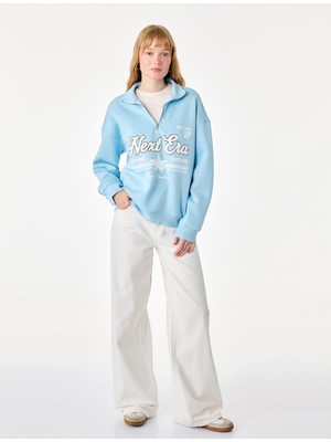 Koton Şardonlu Yarım Fermuarlı Dik Yaka Uzun Kollu Baskılı Sweatshirt