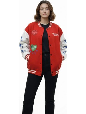Mrayss  Kırmızı Varsity Çıtçıtlı Baskılı Oversize Kalıp Kolej Ceket - Kırmızı