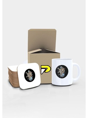Astraltech Postermanya Astronot ve Kahve Uzay Tasarımlı Baskılı Kupa Bardak Seti, Eğlenceli Özel Hediye Mug