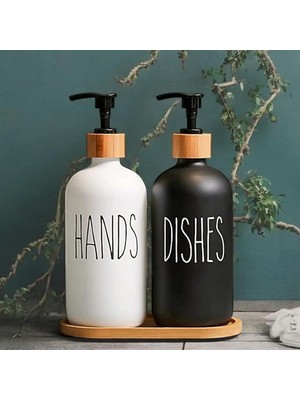 Astraltech Promosyonca Modern Banyo ve Mutfak Seti, Siyah ve Beyaz Cam Sabunluk ve Deterjan Şişesi, Bambu Kapa