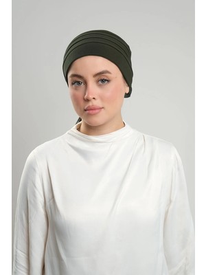 Hürrem Bone Haki Pratik Hazır Geçmeli Tesettür Bone Sandy Kumaş Pileli Nervürlü Güllü 1806_09