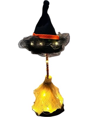 Astraltech Halloween Cadı Şapkası, LED Işıklı, Siyah Kumaş, Cadı Süpürgesi, Turuncu Şeritli, Dekoratif Süsleme