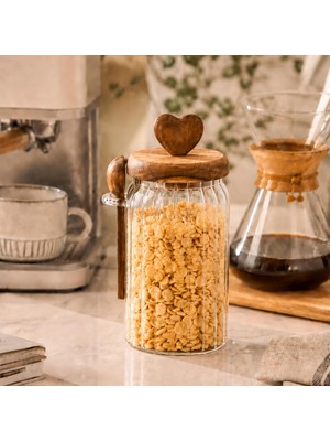 Astraltech Akasya Kapaklı Cam Kavanoz 760 ml Kaşıklı | Hava Geçirmez Baharatlık Çay Kahve Şeker Saklama Kabı