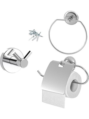 Astraltech BADEM10 Krom Metal Sağlam Aparat Vidalı Lavabo Banyo Wc Bez Havlu Çatal Askı Tuvalet Kağıtlık 3'lü