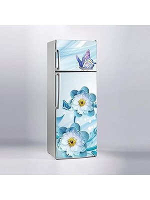 Astraltech Buzdolabı Sticker Kaplama Dolap Kaplama Etiketi 3D Mavi Çiçek Kelebek
