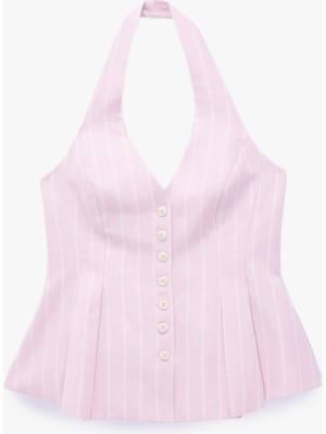 Koton Keten Karışımlı Sırt Dekolteli Çizgili Pileli Peplum Halter Yaka Yelek
