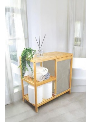 Astraltech Digithome Bambu 3 Raflı Kumaş Sepetli Banyo Düzenleyici Kirli Çamaşır Sepeti DB-0046