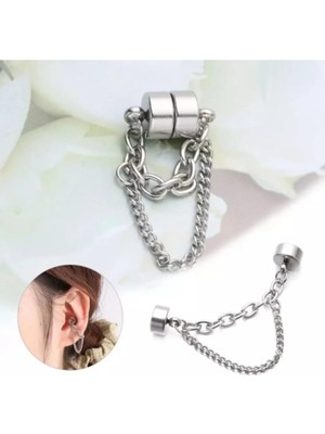 Astraltech Çift Zincirli Mıknatıslı Piercing Deliksiz Kıkırdak Küpe, Gümüş, Unisex