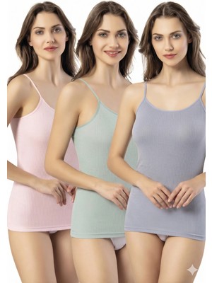 İncili Kadın 3’lü Set Raporlu Ribana Atlet (Mavi Gri-Yeşil-Pembe) - Çok Renkli - 2XL