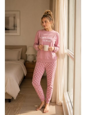 Guava Homewear Kadın Ev Giyimi Bisiklet Yaka Bilek Manşet/lastikli 2 Iplik Cepli Kışlık Jogger Eşofman Pijama Takımı