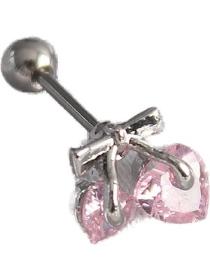Astraltech 316L Çelik Gümüş Renk Pembe Zirkon Taşlı Kalp Tragus Piercing - TJ-PR1235