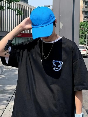 Mrayss  Baskılı Oversize Bisiklet Yaka T-Shirt - Siyah