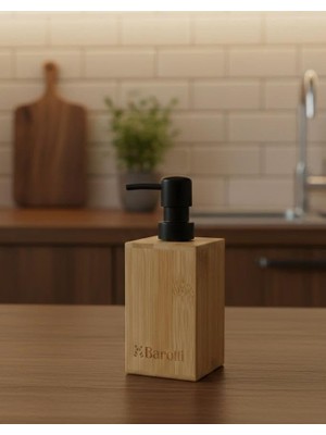 Astraltech Barotti Bambu Sıvı Sabunluk, Dikdörtgen Tasarım, Siyah Pompalı, Banyo ve Mutfak Için Doğal Bambu