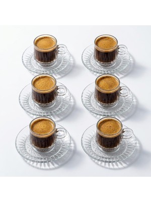 Astraltech 6’lı Cam Kahve Fincanı Seti Şeffaf Çizgili Tasarım Tabaklı Espresso Türk Kahvesi Sunum Fincan Takım