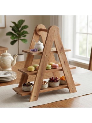 Astraltech Deconox Doğal Akasya Ahşap 3 Katlı Sunum Standı - 37X12.3X37.5 cm Çok Amaçlı Katlı Servis Tepsisi,