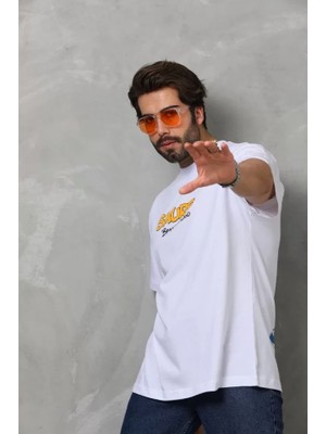 Mrayss  Unisex Bisiklet Yaka Baskılı Oversize T-Shirt - Beyaz