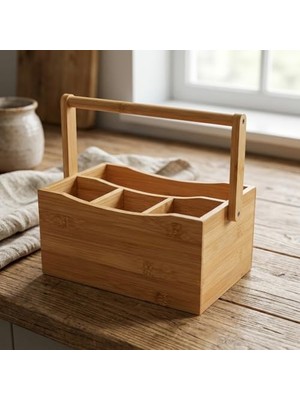 4 Bölmeli Bambu Kaşıklık ve Organizer - Tezgah Üstü Çatal Bıçak Düzenleyici Taşıma Kulplu Servis Standı (23 x 16 x 12 Cm)