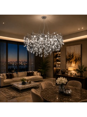 Apliqa Masal 80'lık Yuvarlak Krom Kristal Taşlı Modern, Oturma Odası, Salon Avize