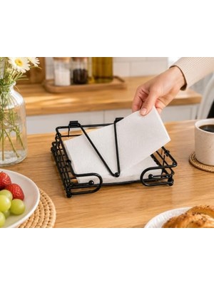 Metal Kare Peçetelik Siyah Masa Üstü Peçete Organizeri, Yaylı Baskı Sistemli Peçete Tutucu, 19X19X4 cm Modern Mutfak Peçeteliği, Tezgah Üstü Peçete Düzenleyici, Masası Için Peçetelik