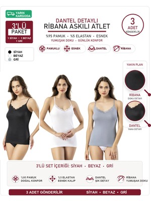 İncili Tekstil Kadın Ribana Pamuklu Dantelli Ip Askılı Atlet 3'lü Set Avantaj Paketi L