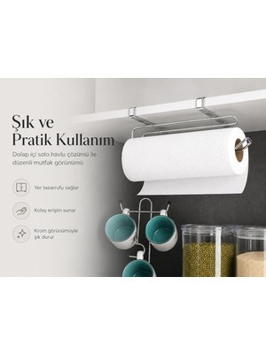 Alper Banyo Pratik Solo Kağıt Havluluk Krom, Dolap Içi Askılı Kağıt Havlu Tutucu, Delmeden Montajlı Mutfak Rulo Havluluk, Paslanmaya Dayanıklı Metal Tasarım