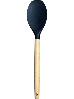 Ahşap Saplı Silikon Mutfak Servis ve Yemek Hazırlama Düz Spatula, Siyah, 1 Adet