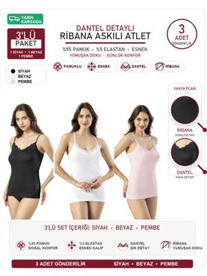 İncili Tekstil Kadın Ribana Pamuklu Dantelli Ip Askılı Atlet 3'lü Set Avantaj Paketi 2xl