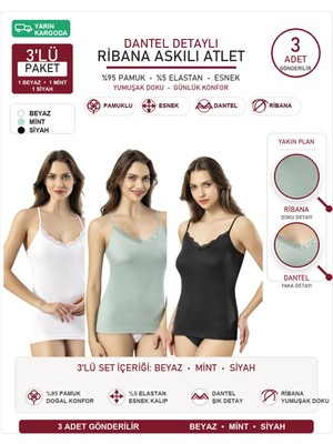 İncili Tekstil Kadın Ribana Pamuklu Dantelli Ip Askılı Atlet 3'lü Set Avantaj Paketi L