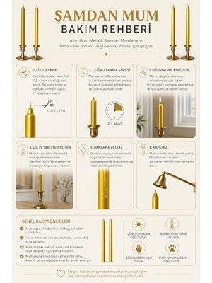 2’li Altın Gold Metalik Şamdan Mum Seti 25 cm – Dekoratif Ince Şamdan Mum, Kokusuz Parafin WAX,%100 Pamuk Fitil, El Döküm, Uzun Süre Yanma (~10 Saat), Şık Sofra, Davet, Nişan, Düğün