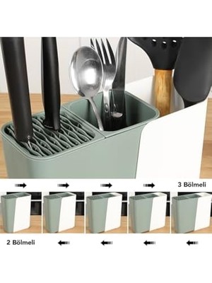 Ayarlanabilir Sürgülü Kaşıklık Bıçaklık Organizer,2-3 Bölmeli Tezgah Üstü Stand (Yeşil)