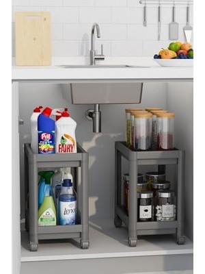 2 Katlı Tekerlekli Düzenleyici Raf Mutfak Tezgah & Evye Altı Dolap Içi Organizer, Banyo Deterjanlık ve Şampuanlık, Çok Amaçlı Taşınabilir Sebzelik, Modern Dekoratif Mutfak Raf Ünitesi (Gri)