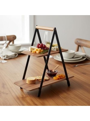 2 Katlı Akasya Ahşap Sunum Standı - Silikon Kaplamalı Siyah Metal Gövdeli Meyvelik Kurabiyelik Kahve Köşesi ve Mutfak Banyo Düzenleyici Organizer (16 x 26.5 x 34 Cm)