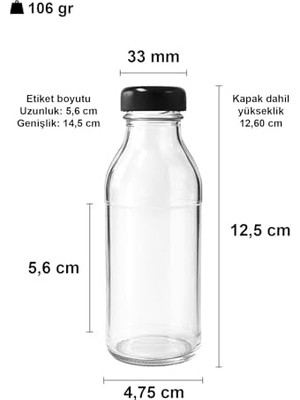 125 ml Şeffaf Derin Siyah Metal Kapaklı Cam Şişe 125 cc Meşrubat Şişesi Deep 6 Adet