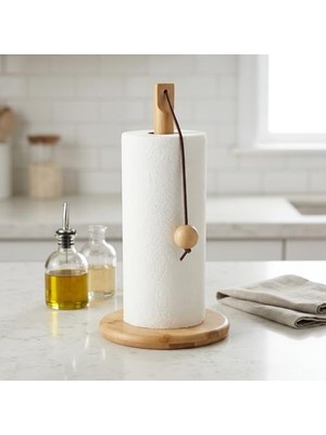 Doğal Bambu Bohem Top Tutacaklı Kağıt Havluluk - Dekoratif Ahşap Stand (30X14 Cm, Kahve ve Bambu Renk Seçenekli, 1 Adet) (Doğal)