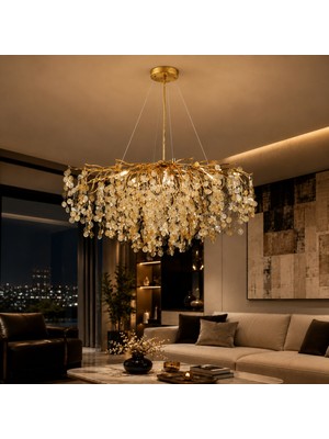 Apliqa Masal Sıralı Gold Yemek Masası Üstü, Kristal Taşlı Modern, Oturma Odası, Salon Avize