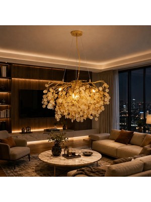 Apliqa Masal 60'lık Yuvarlak Gold Kristal Taşlı Modern, Oturma Odası, Salon Avize