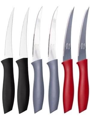 Sebze ve Meyve Bıçağı, Çelik, Siyah + Gri + Kırmızı Lazer Kesim Tırtıklı Uç, 22 Cm, 6 Adet